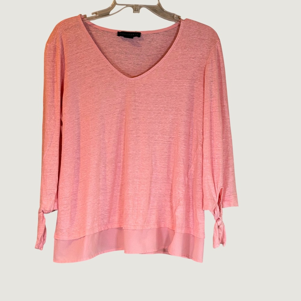 Sanctuary Linen V-Neck Top Womens L‎ Pink 3/4 Sleeve  Resortwear Quiet Luxury